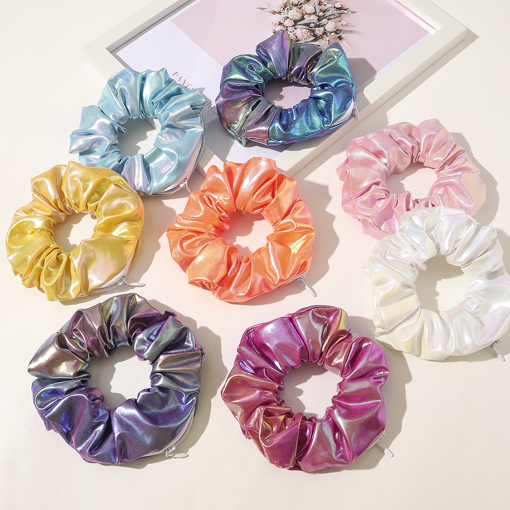 2021 Pu Leather Hair Scrunchie Zip Scrunchies Hidden Pocket Elastic For Girl