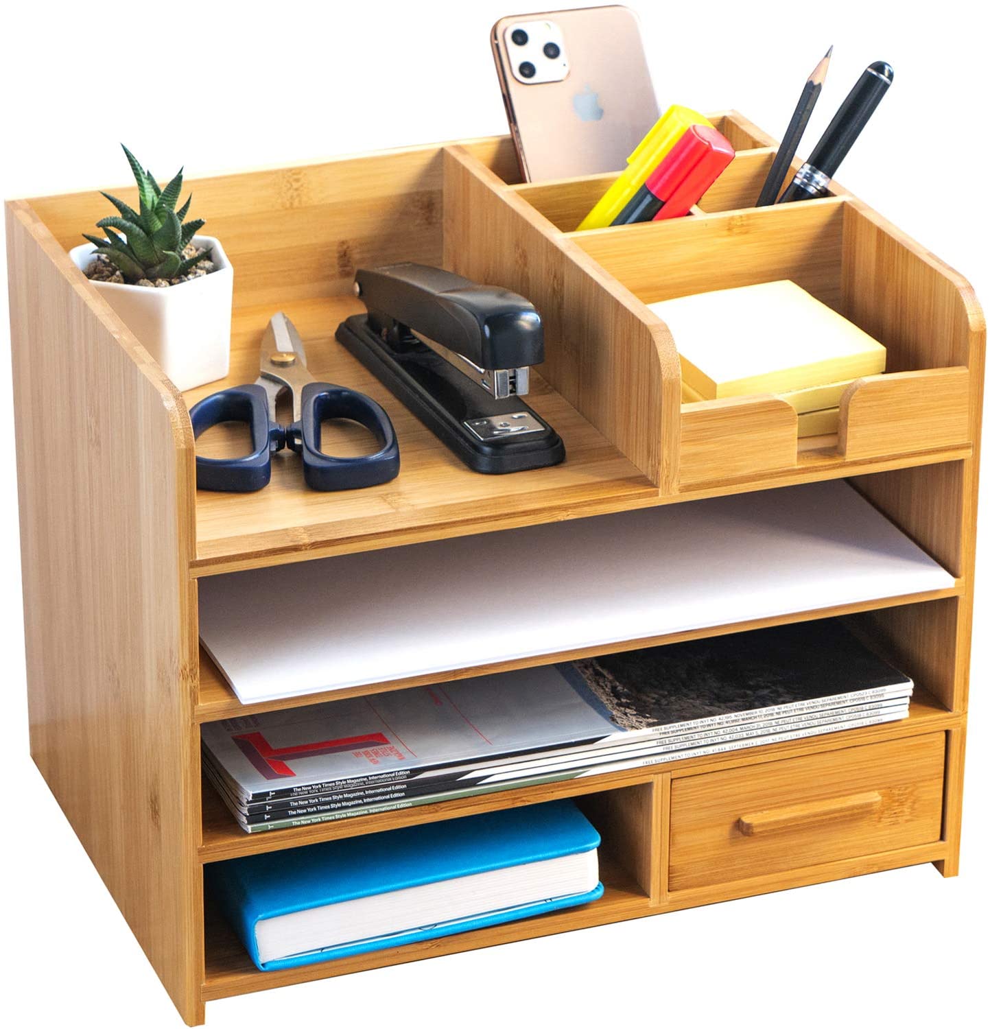 Desktop Organizer Home Office Bamboo Desk Drawer Organizer- 4 Tier Durable Wood Table Top Storage for Pencils and Notepads