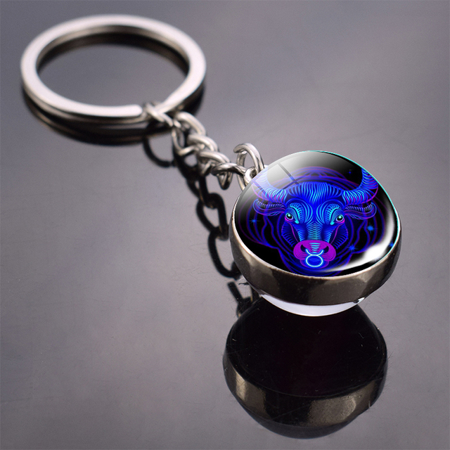z220 12 Constellation Keychain Fashion Double Side Cabochon Glass Ball Keychain Zodiac Signs Jewelry For Men For Women Birthday