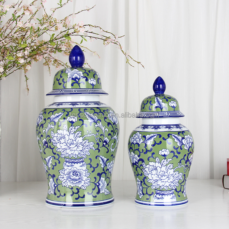 J257 Chinese traditional porcelain decorative table blue flower vase sets green ginger jar for home decor