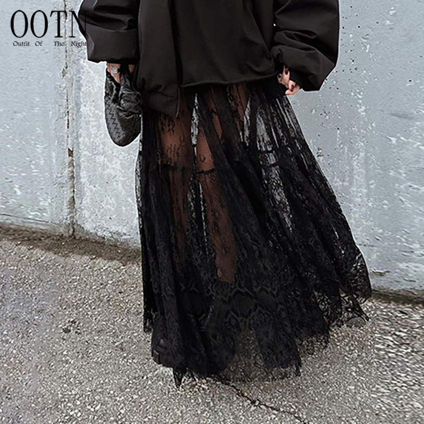 OOTN Fashion Skirts Women Chic Casual Sexy See Through Long Black Skirts 2025 Summer Party Loose A-Line Lace Skirts For Women