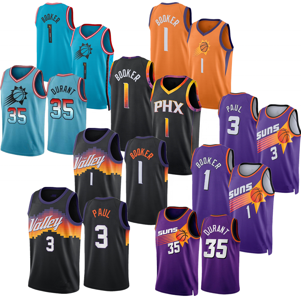 2023 баскетбольные майки Phoenixs 35 Kevin Durant 3 Chris Paul PHX 1 Devin Booker The Valley прошитый баскетбольный город Фиолетовый Топ