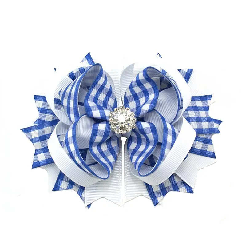 4.5inch gingham inspired hair bows with rhinestones girl hair accessories boutique checked hair clips