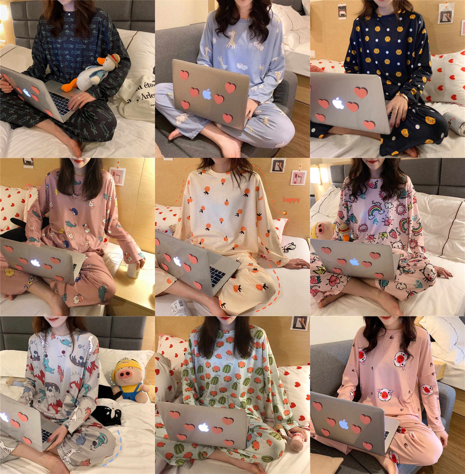 Women's Pajamas Thin Milk Silk Long Sleeve Pants 2Pcs Sets Soft Sleepwear Autumn O-neck Korean Cute Cartoons Leisure Home Wear