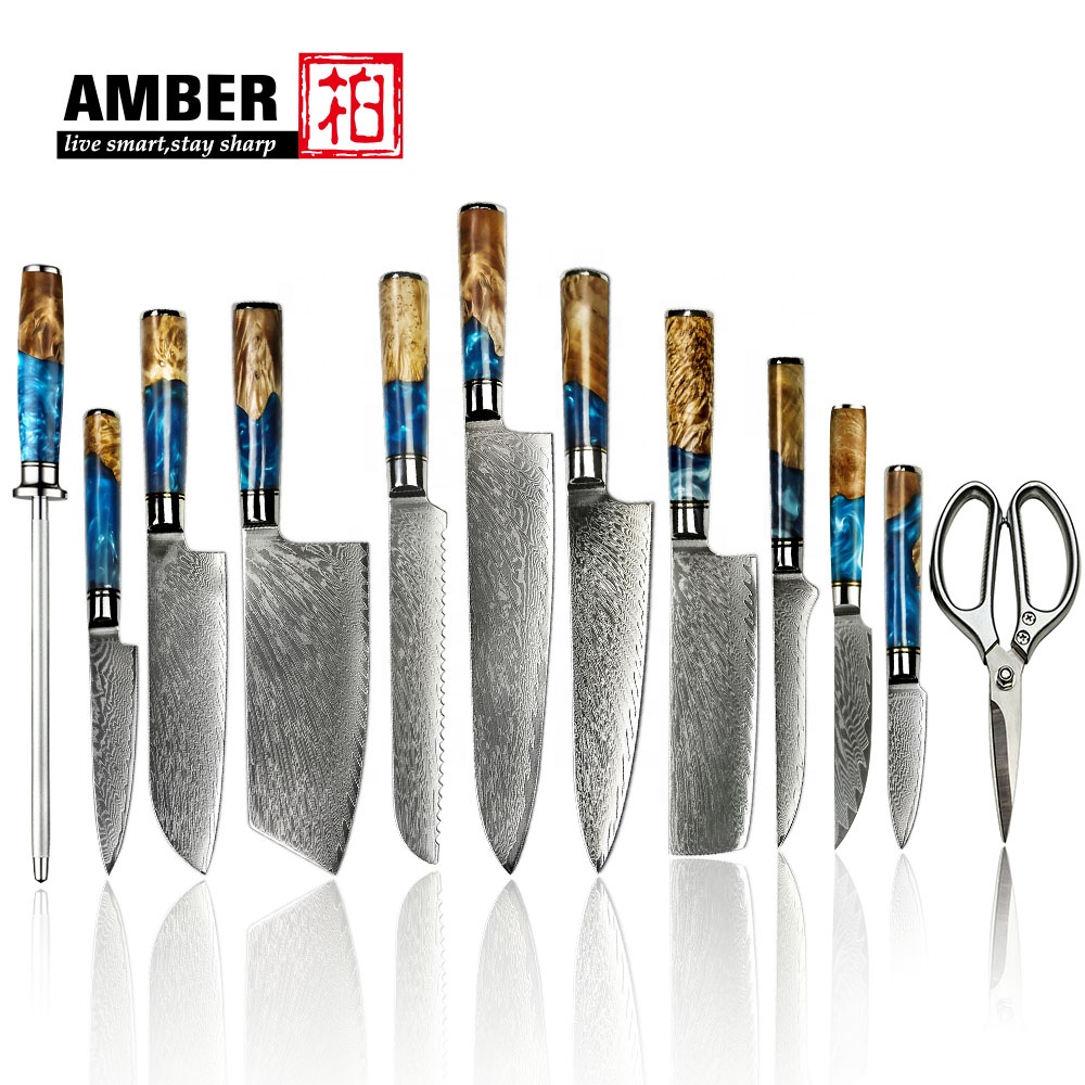 Luxury 67Layers VG10 Damascus Steel Knife Japanese Chef Kitchen Knives Damascus Knife Set with Blue Resin Wooden Handle