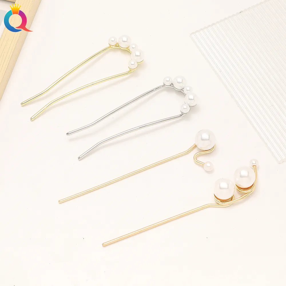 gold silver color metal hair stick fork with white pearl bead ball  woman simple style hair accessories