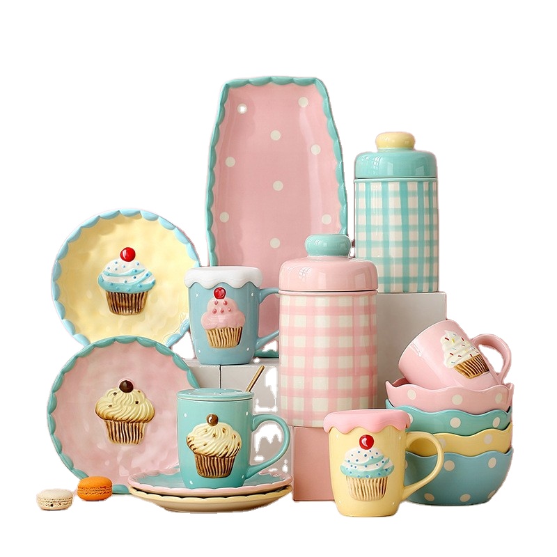SYL Macarone Sweet Cake Pattern Ceramic mug porcelain plate cute bowl Tableware Sets Lovely Dinnerware Sets