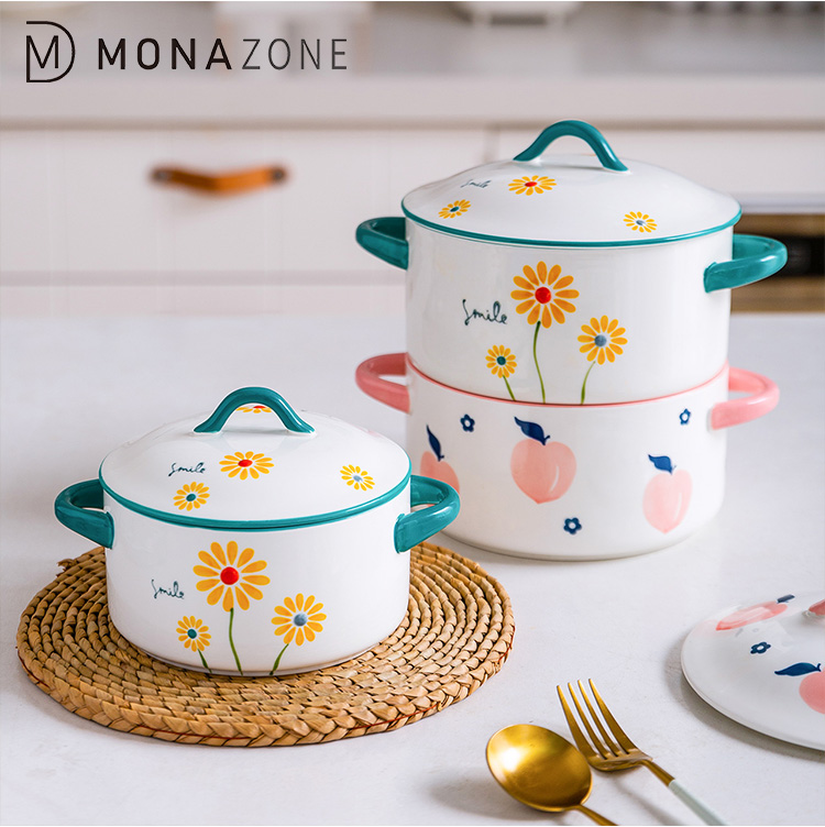 MONAZONE Ceramic Soup Bowl with Lid Grips Under Glazed Peach Leaf Floral Pattern for Gratin Soup Salad Oven Bakeware Kitchen