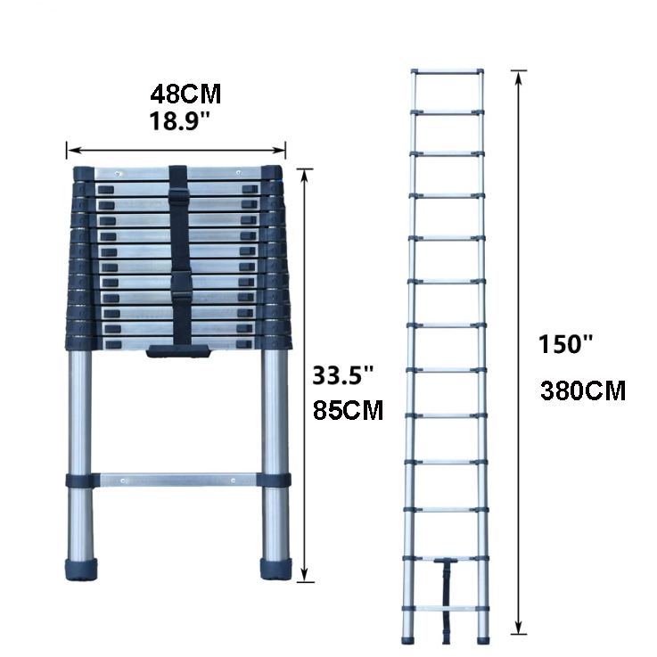 3.8M Stainless Steel Portable Telescoping Extension Ladder Home Collapsible Scaffold Structure Foldable with 150KG Max Capacity