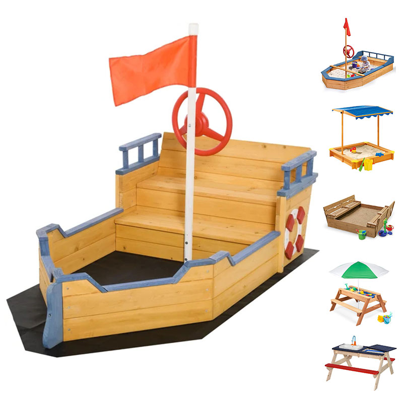 Kids Sandbox Wooden Pirate Ship Sand Play Boat Bench