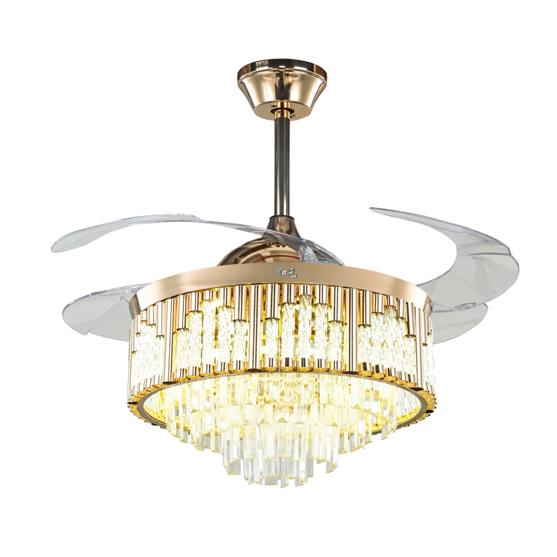Luxury Retractable Chandelier Crystal Fancy Hidden Transparent Blade Led light Ceiling lamp Fan