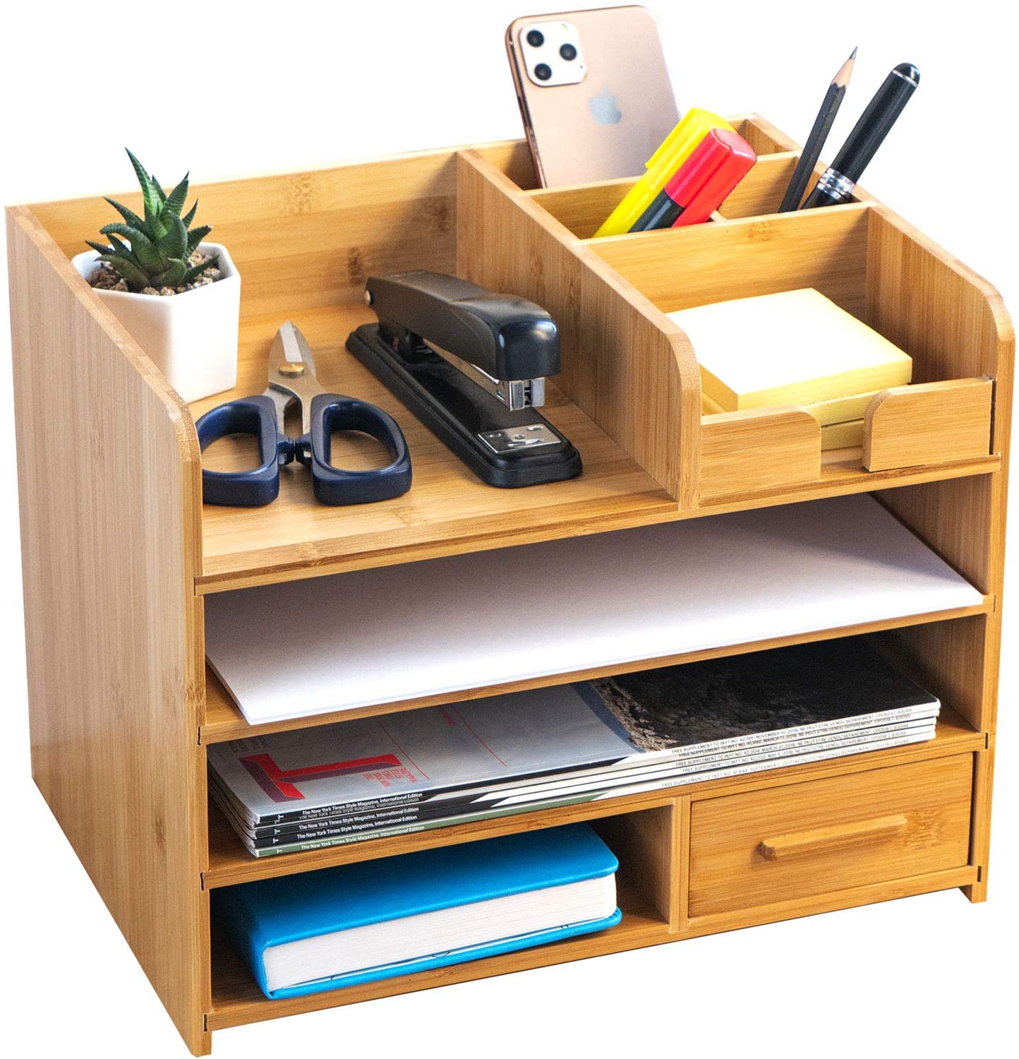 Durable Wood Alternative Table Top 4 Tier Bamboo Desk Organizer with Drawers for Home, Office, and Dorm