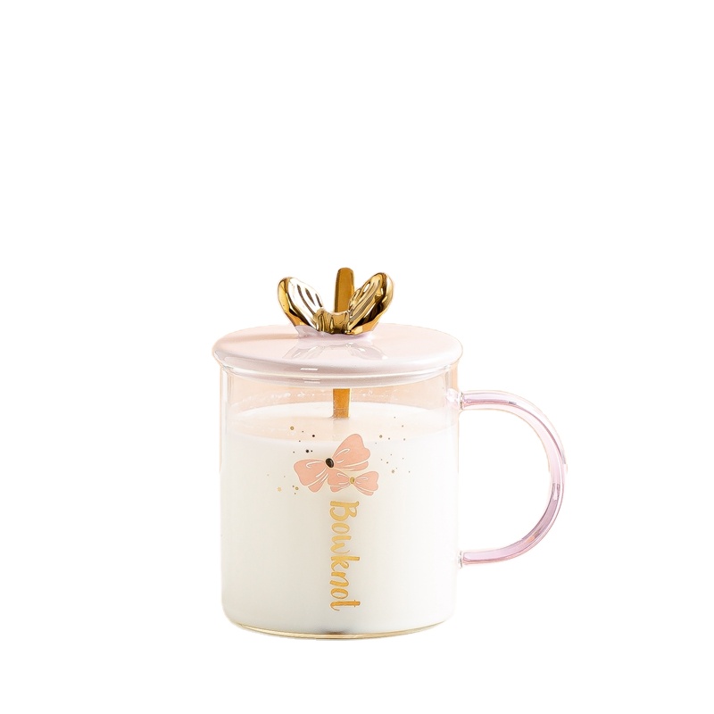 Children's Superior Quality Pink Bownot 450ml Coffee Glass Cup Mugs With Lid