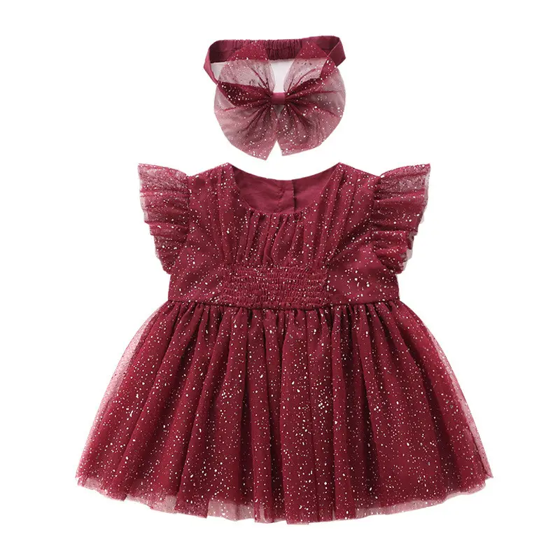 Boutique summer baby birthday dress princess layered ruffled sleeve headband new born girls 0-3 years girls dress