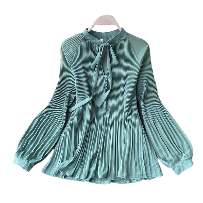 P066 Autumn New Lady's Shirt Chic Women Fashion Lace-up Bow Collar Pleated Chiffon Blouse Solid Color Elegant Tops