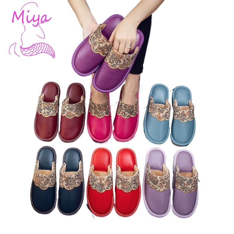 Europeen Bohemia Floral Pattern Patchwork Candy Color Cow Leather Closed Toe Warm Plush Slippers for Man Women Home Furry Shoes