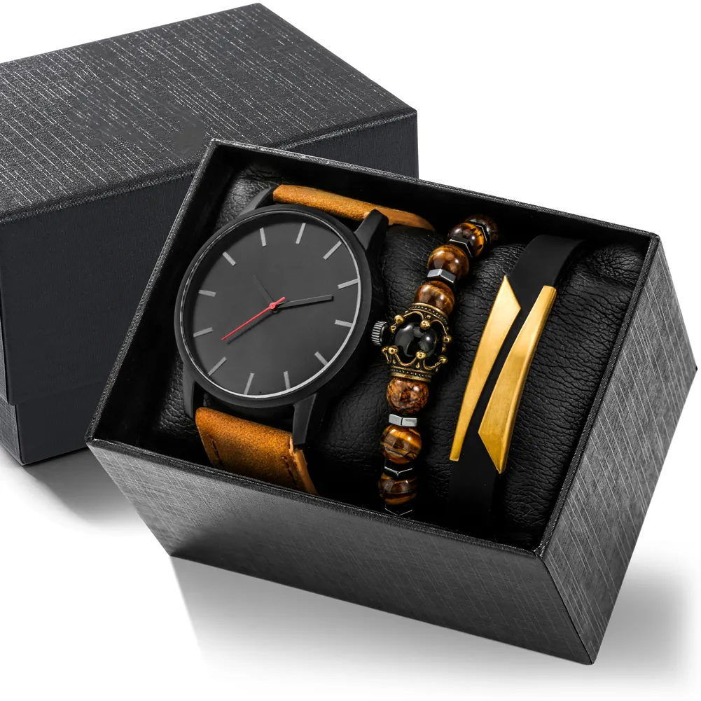 Fashion Business Watches for men Leather Strap quartz Watch Bracelet Set With box men gift set watch jewelry sets