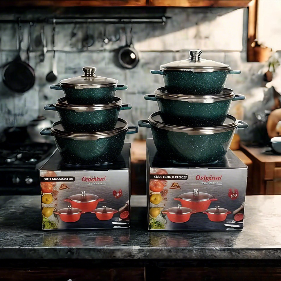6pcs Set of Big Size Nonstick Marble Coating Cookware Kitchen Nonstick Aluminum Cooking Pots Steel Metal Home Usage