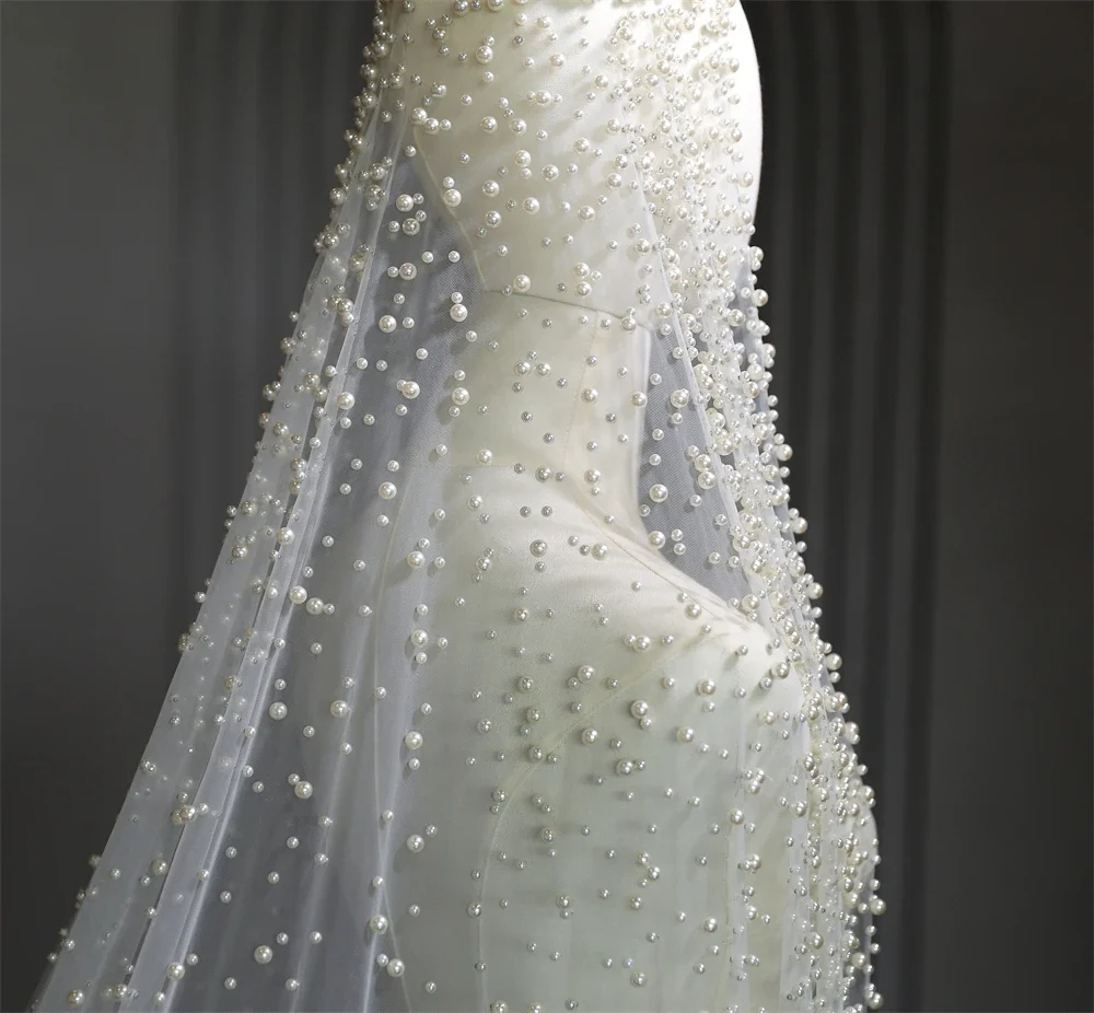 LUOXIN Long Luxury Bridal Veil Pearls Delicate Nail Bead Veu Cathedral Wedding Veil with Comb
