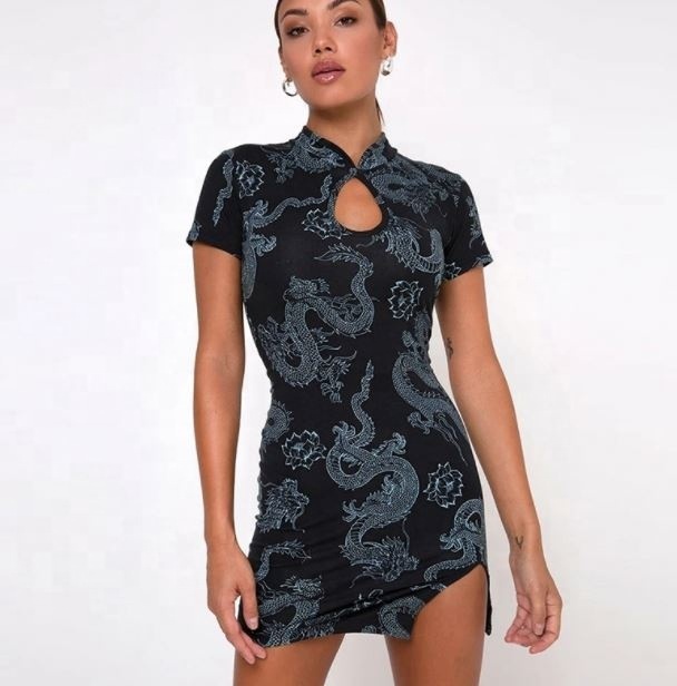 Nese style, новый, 2020, летний, модифицированный, с принтом дракона, с разрезом, с коротким рукавом, тонкий, модный, хлопок, cheongsam