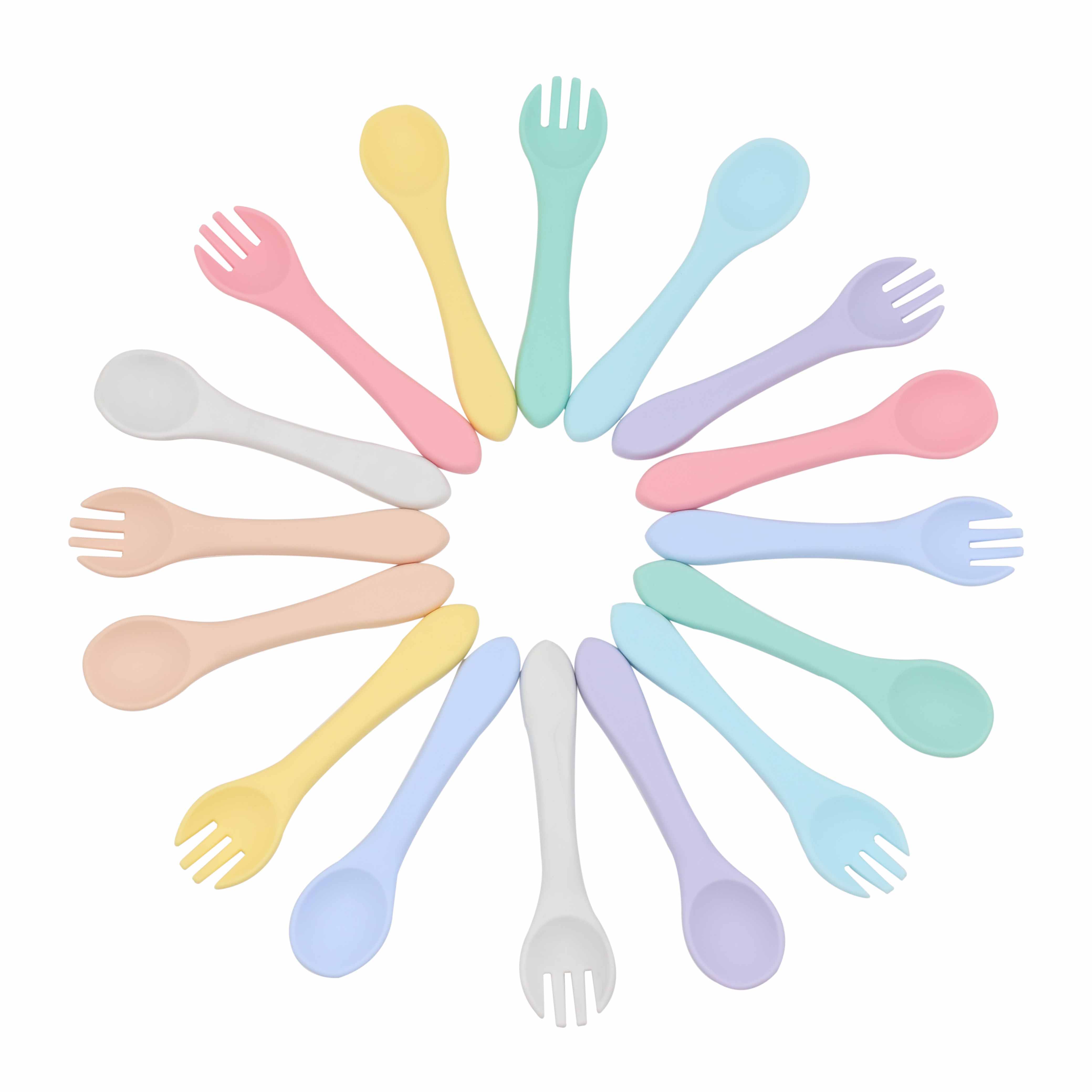 Wholesale 100% Food grade BPA Free Eco-friendly Colorful Soft Training Training Spoon Silicone Baby Feeding Spoon And Fork set