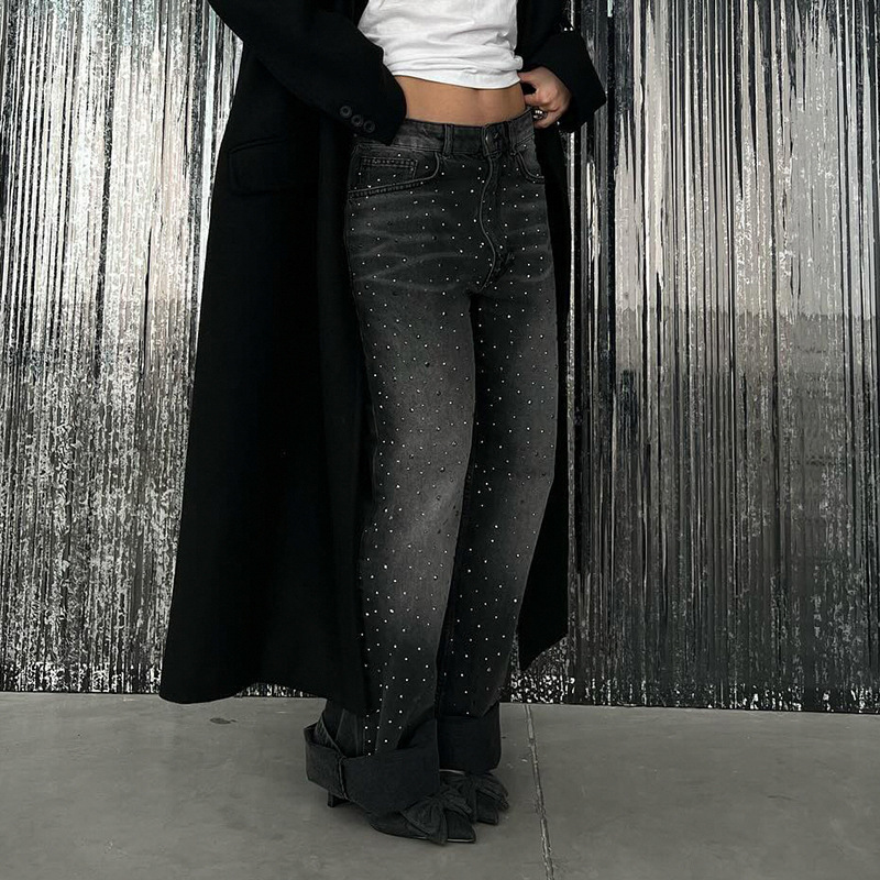 2024 Street style basic washed gradient color rhinestone straight-leg pants women wide leg jeans