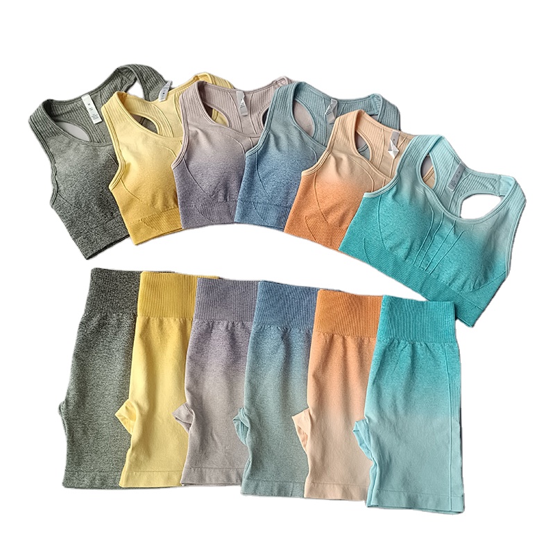 High Quality Active Wear Set Custom Logo Printed Biker Shorts Seamless Ombre Workout Set