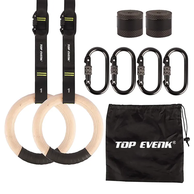 Gym Equipment Body Training Exercise and Workout 32mm Wooden Gymnastic Rings with Nylon Straps