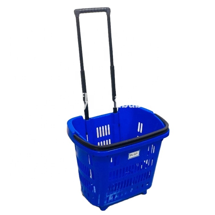 MOQ 20 PCS 34L plastic trolley rolling basket with 2 wheels and 2 handles for supermarkets