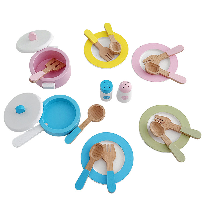 New Montessori Colorful Wooden Mini Kitchen Accessories Toys Set Early Education Pretend Simulated Tableware Set Toy For Kids