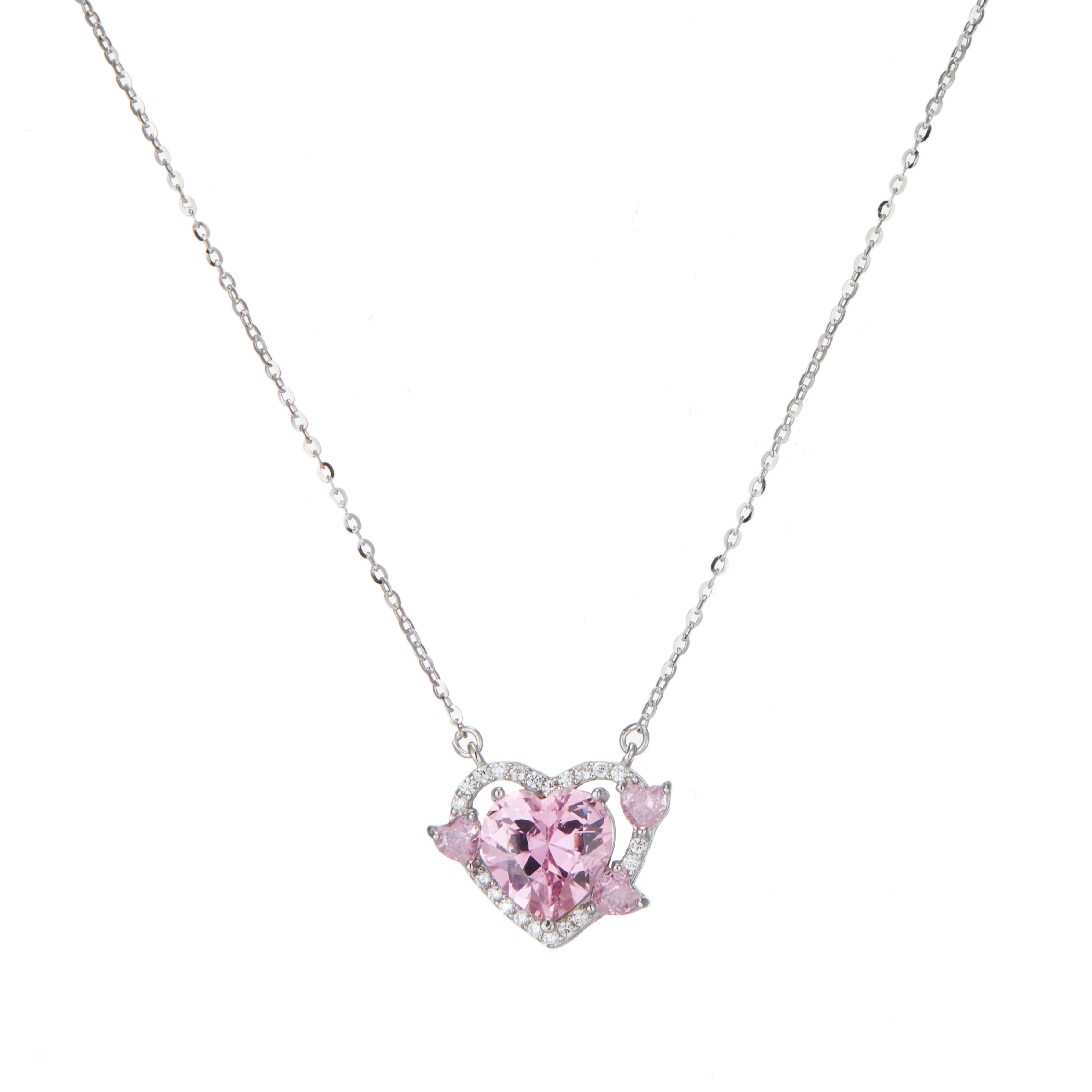 Sterling Silver White Gold Plated Pink Heart Cut Moissanite Love Shape Pendant Necklace 925 Silver Dainty Women Fine Jewelry