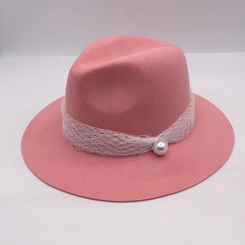 Wholesale 2021 Winter Women Solid Pink Color 100% Wool Fedora Hat With Pearls