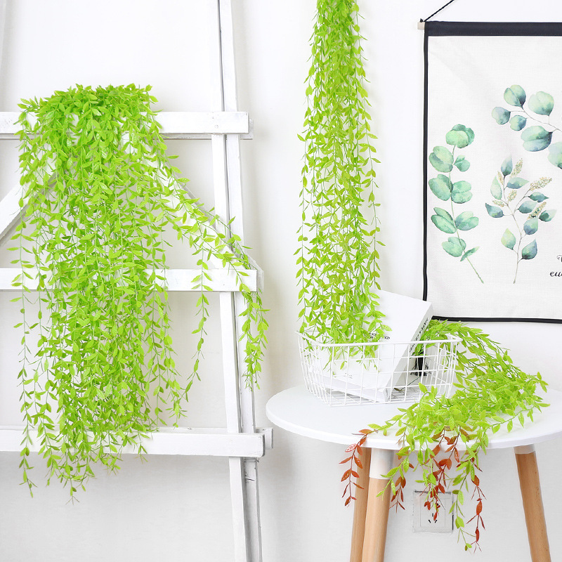Artificial Willow Leaf and Bud Simulation Plant Plastic Green Wall Hanging for Indoor Shading Ceiling Rattan Decor