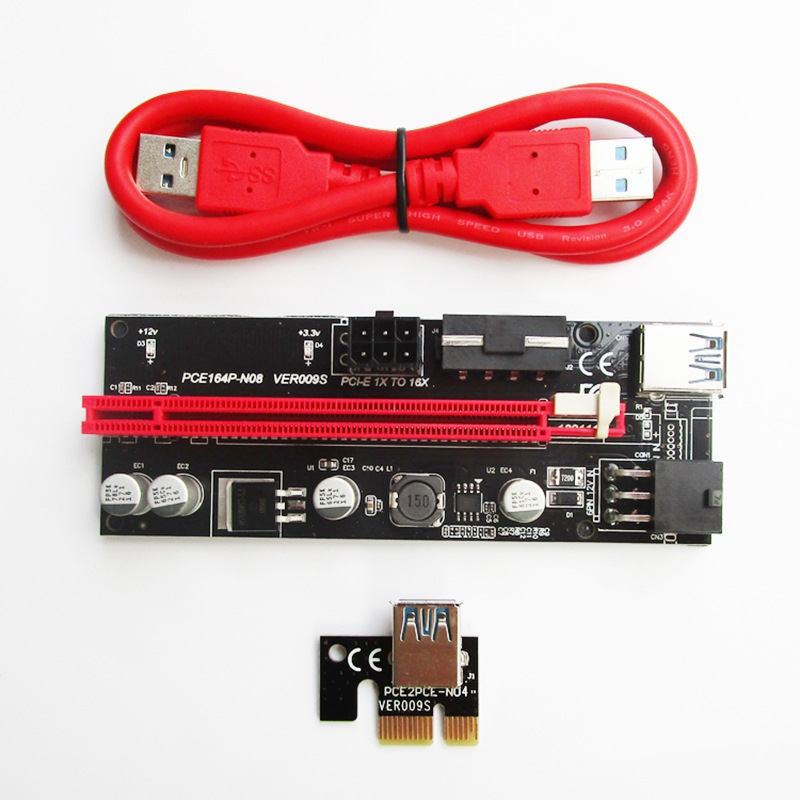 009S Bitcoin Mining Molex SATA Powered PCI-Express Riser PCI-E x1 x16 Riser Card with 3.0 USB Cable
