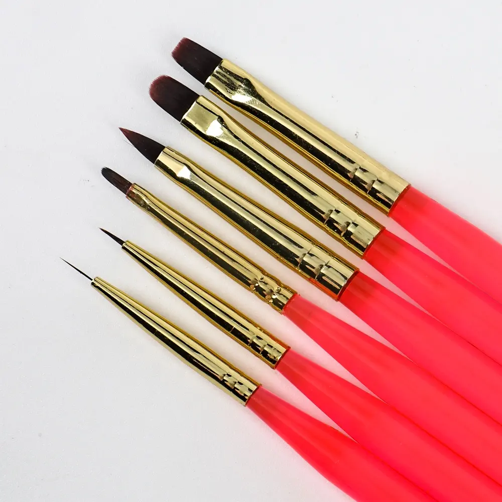 BQAN 6Pcs Private Label Red Plastic Handle UV Gel Brush Painting Liner 3D Nail Art Brush Set