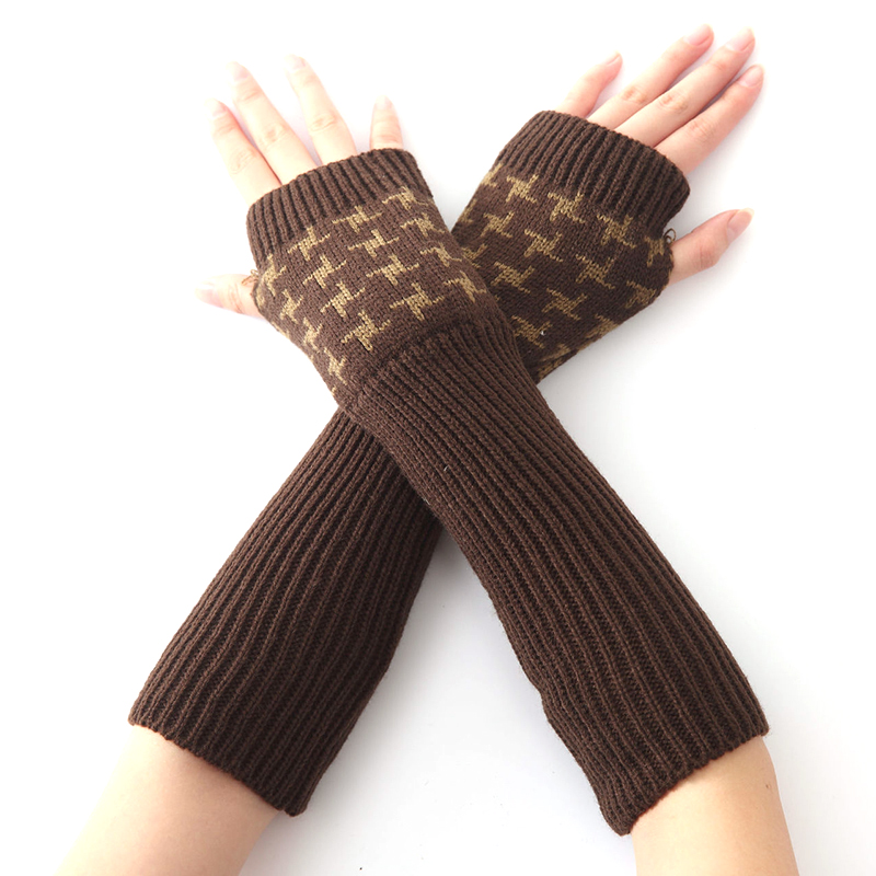 Winter Grid Pattern Arm Warm Knitted Fingerless Long Gloves For Women High Elastic Winter Warm