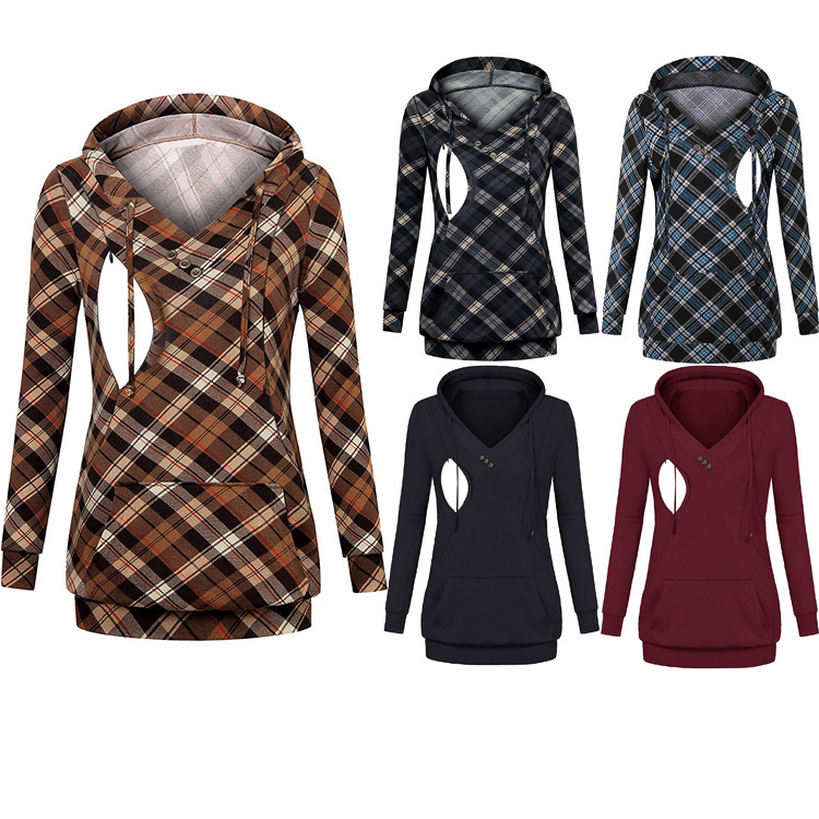 Promotion Pregnant woman with long sleeves checked printing hoodie breastfeeding hoodie blouse