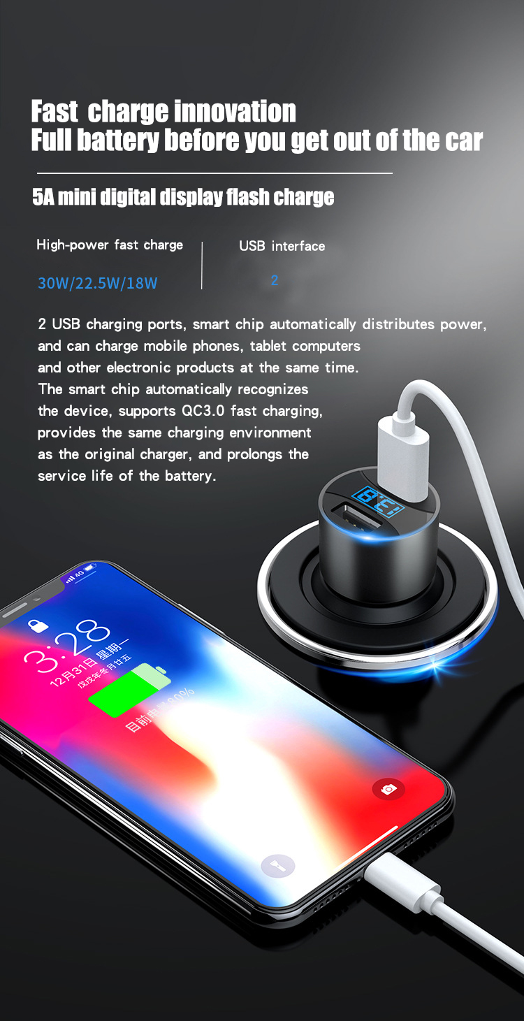 Custom Led Display mobile car phone usb 3.0 in-car chargers port phone fast car charger adapter dual usb 12v manufacturer