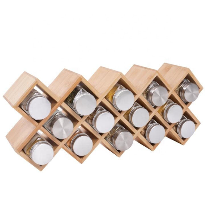 Bamboo spice rack with 14 compartments for kitchen supplies spice storage perforated