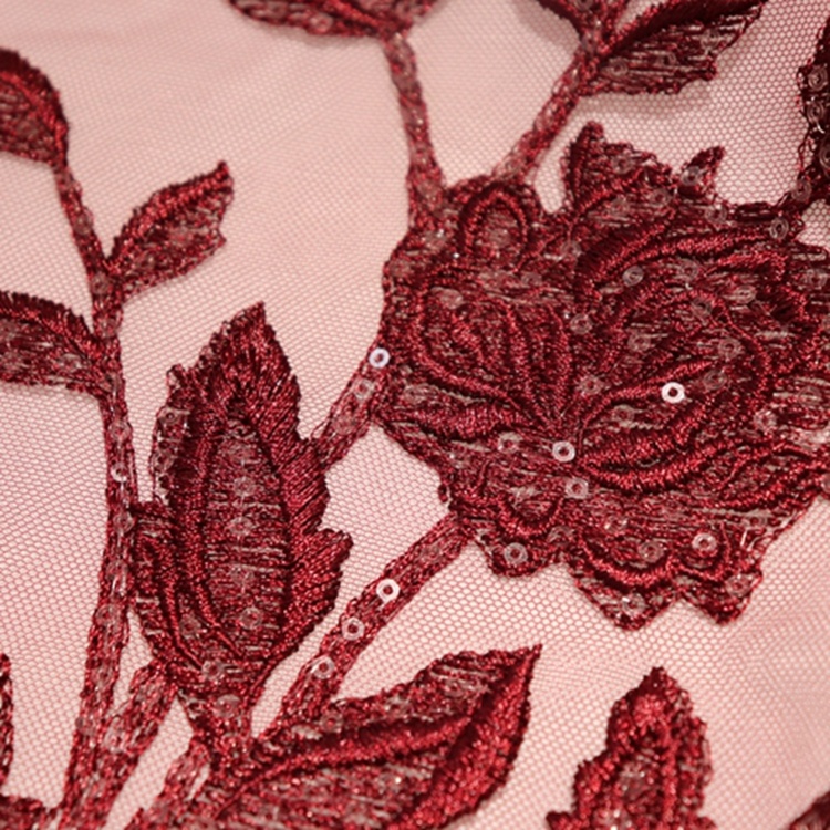 China supplier red spangle flower flat embroidery gold sequin fabrics for dresses