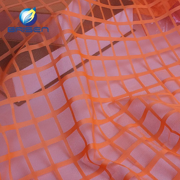 translucent Textured fashion orange plaid stretch clothing polyester mesh fabric stextile