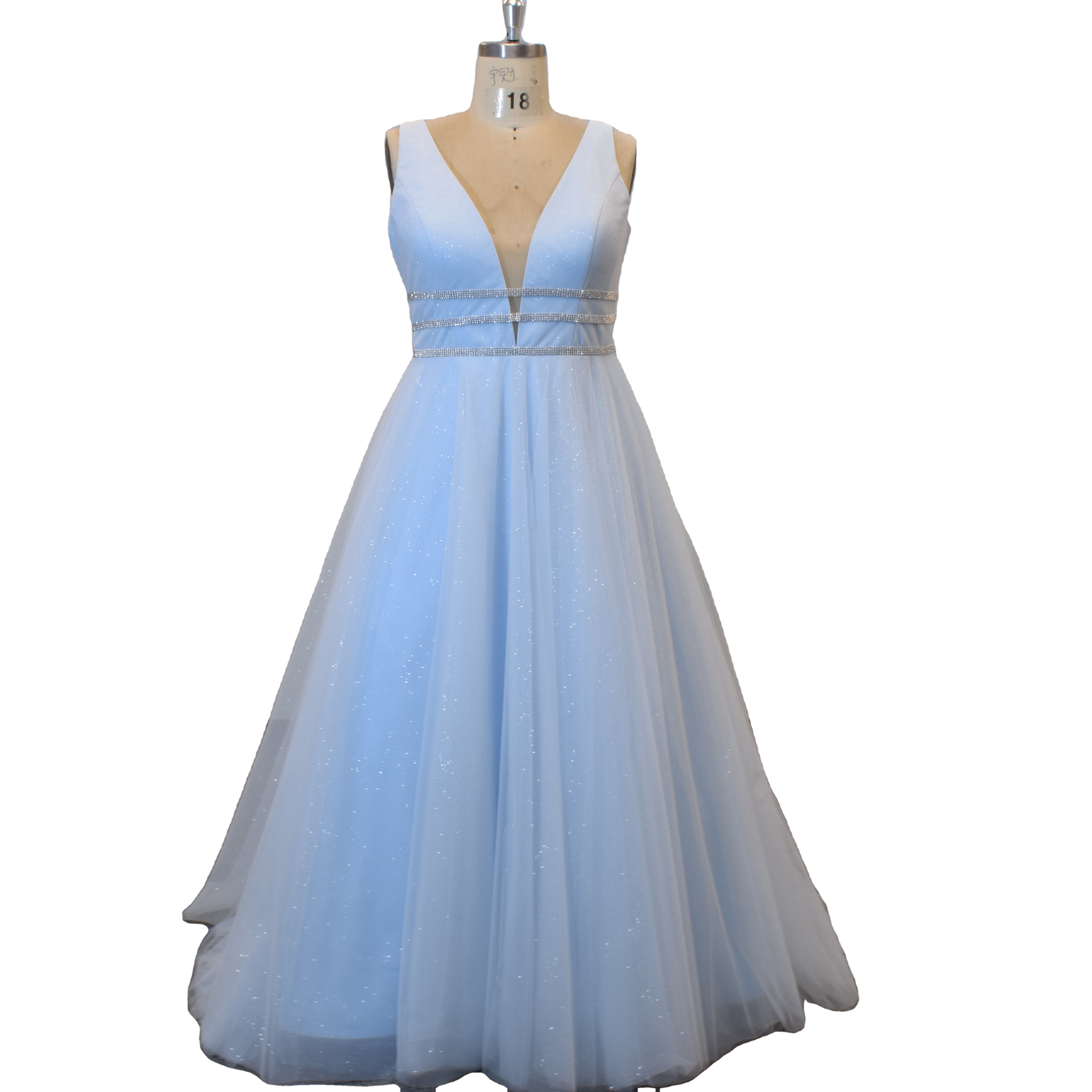 Blue sort tulle A line wedding dress shining V-neck bridal dress for women