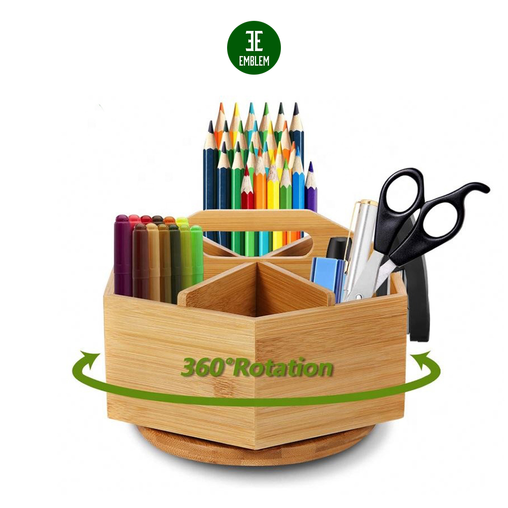 360 Degree Bamboo Rotating Art Supply Organizer for Marker Brush in Office & Classroom