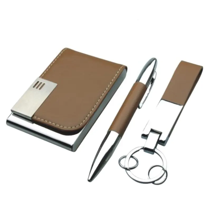Pu Leather Card Holder Case Pen Leather Keyring Power Bank Corporate Promotion Gift Set Items 2019