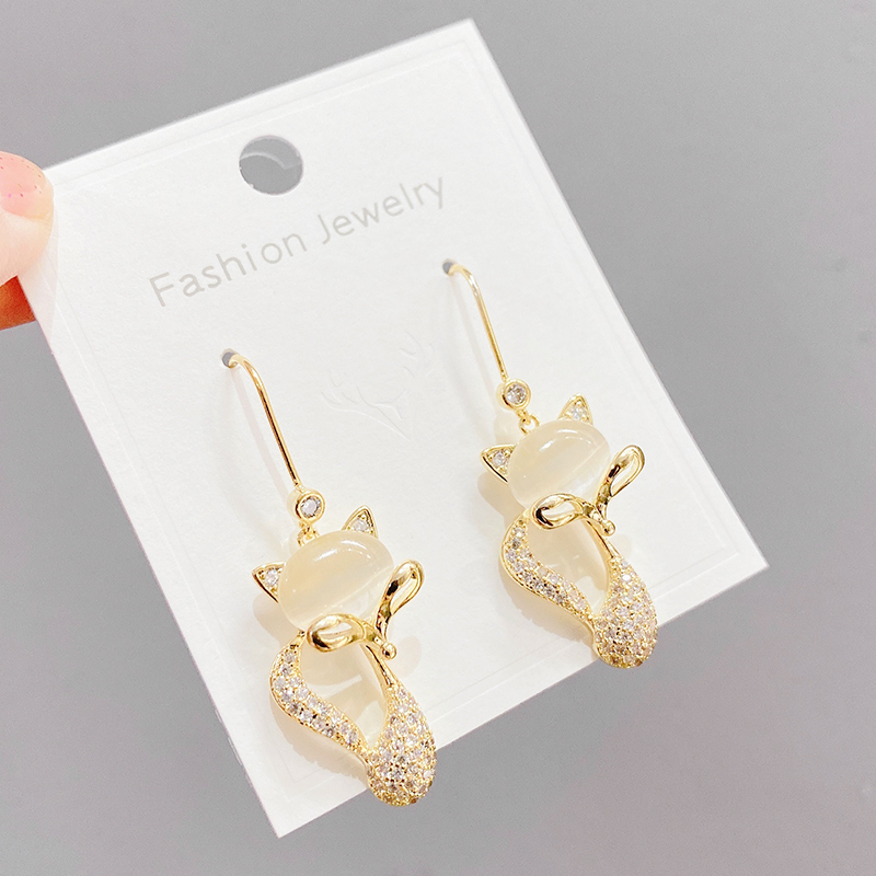 ED63063 Korean fashion luxury gold plated zircon women jewelry opal fox drop hook earring