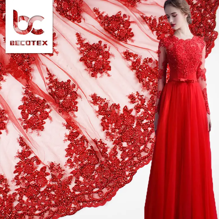 Luxury red beaded embroidery party evening dress lace fabric for lady