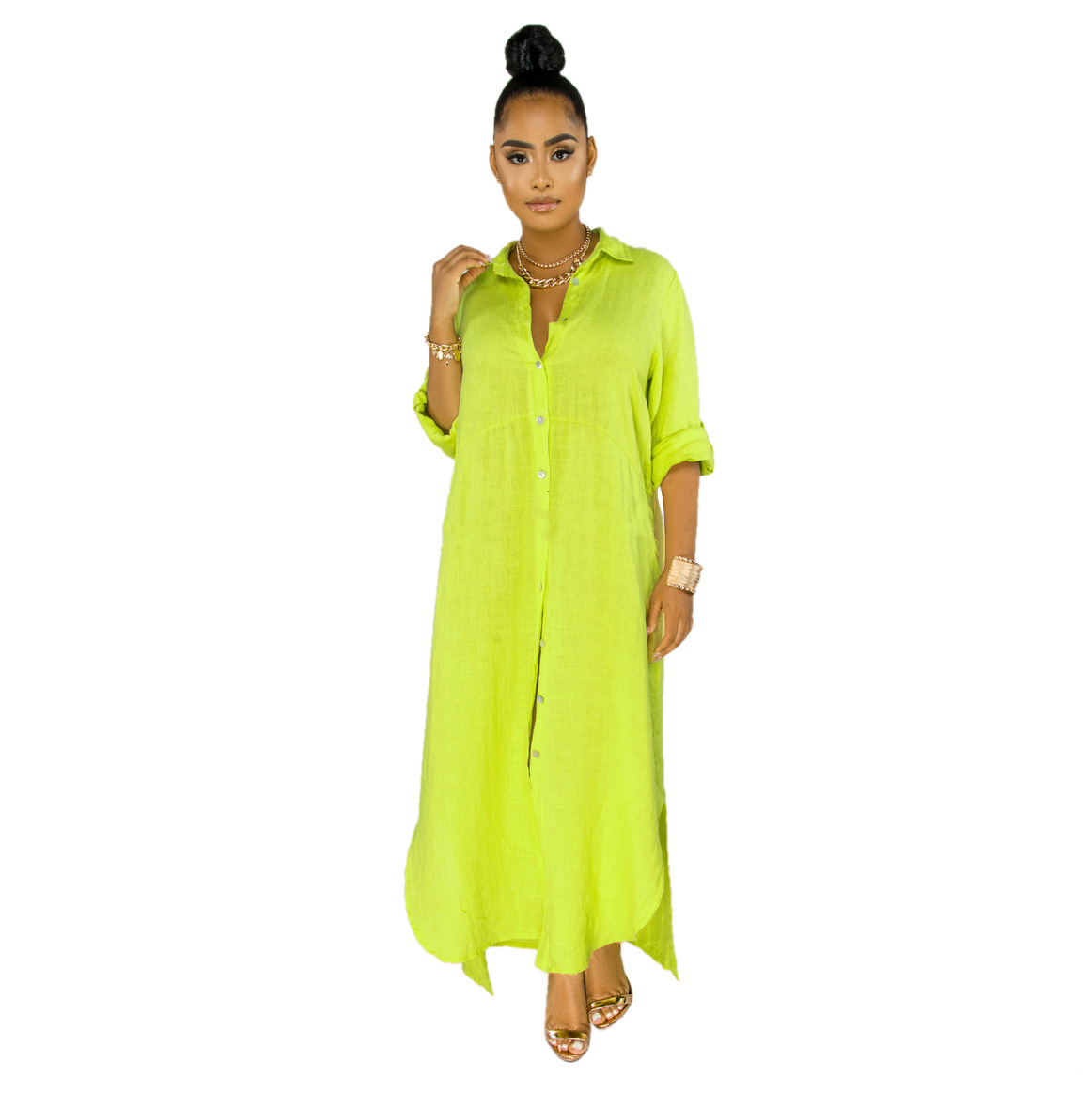 Fashion Style Woman V-neck Candy color Big Skirt Long Sleeve Slit At Side Shirts Skirt