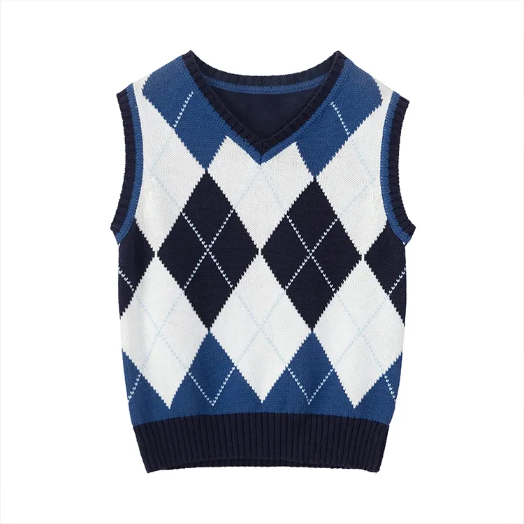 Детский свитер для мальчиков, жилет, вязаная одежда на осень и зиму, Детский свитер с узором ромбиками
