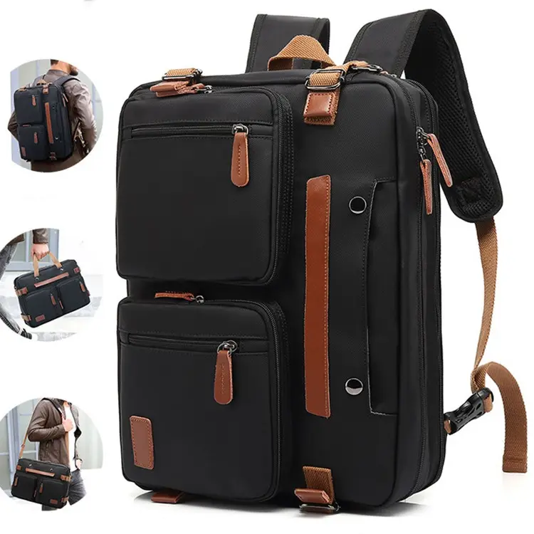 Multifunctional 15 17 Inch Stock Waterproof Nylon Messenger Laptop Bag Backpack Convertible Men Office Briefcase Tote Handbag