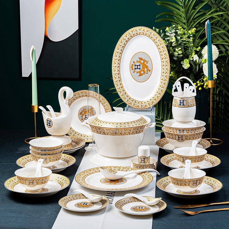 European tableware embossed ceramic bowls plates set wholesale luxury home gifts 60 pieces bone china dinnerware set